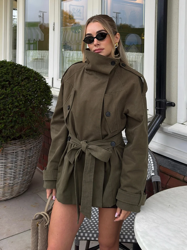 

HH Women Autumn Casual Jacket Fashion Long Sleeves High Neck Pockets Button Decorate Slim Coats Female Street style Jackets