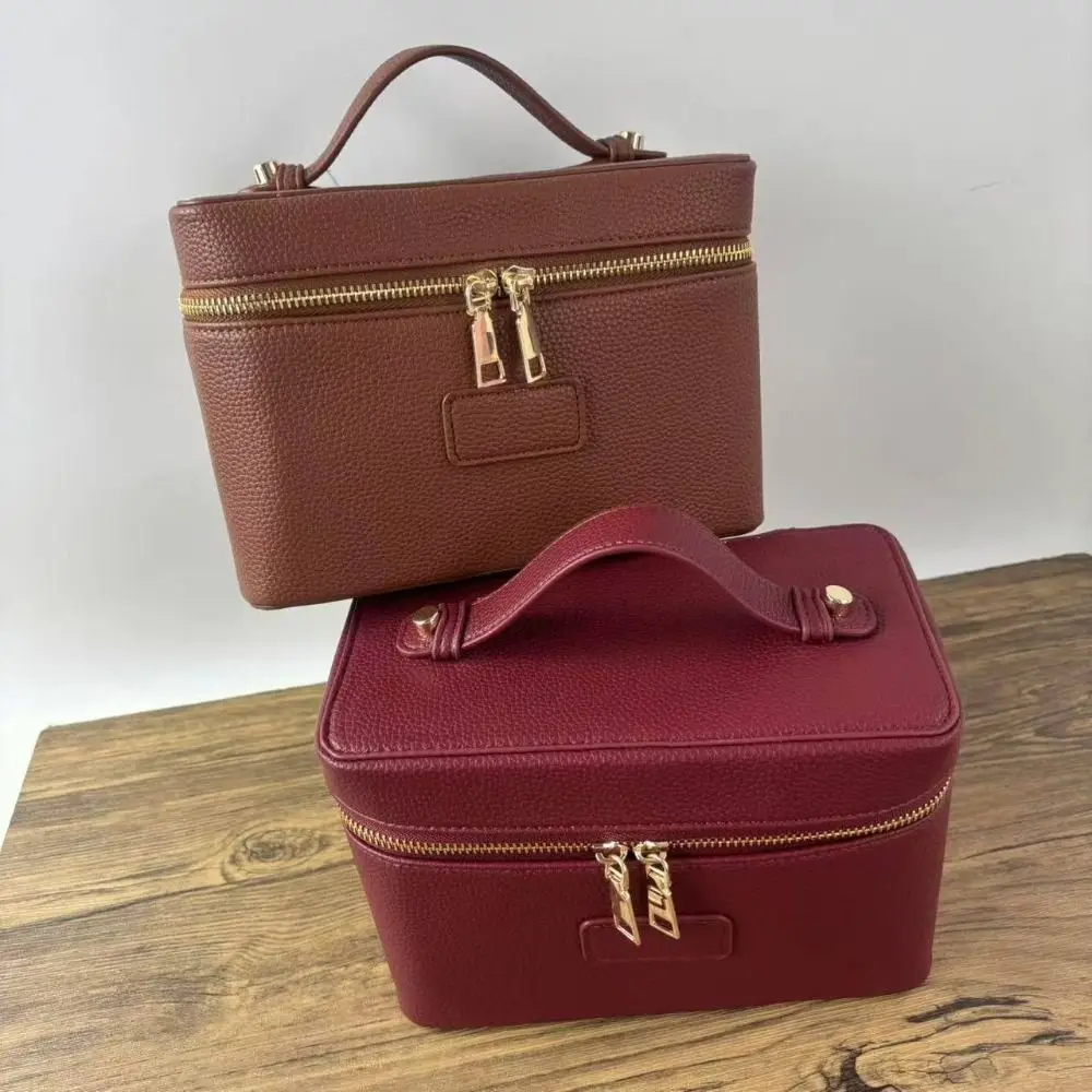 PU Leather Makeup Bag Square Shape Waterproof Toiletry Bag Removable Divider Lining Large Capacity Cosmetic Pouch​​ Daily Use
