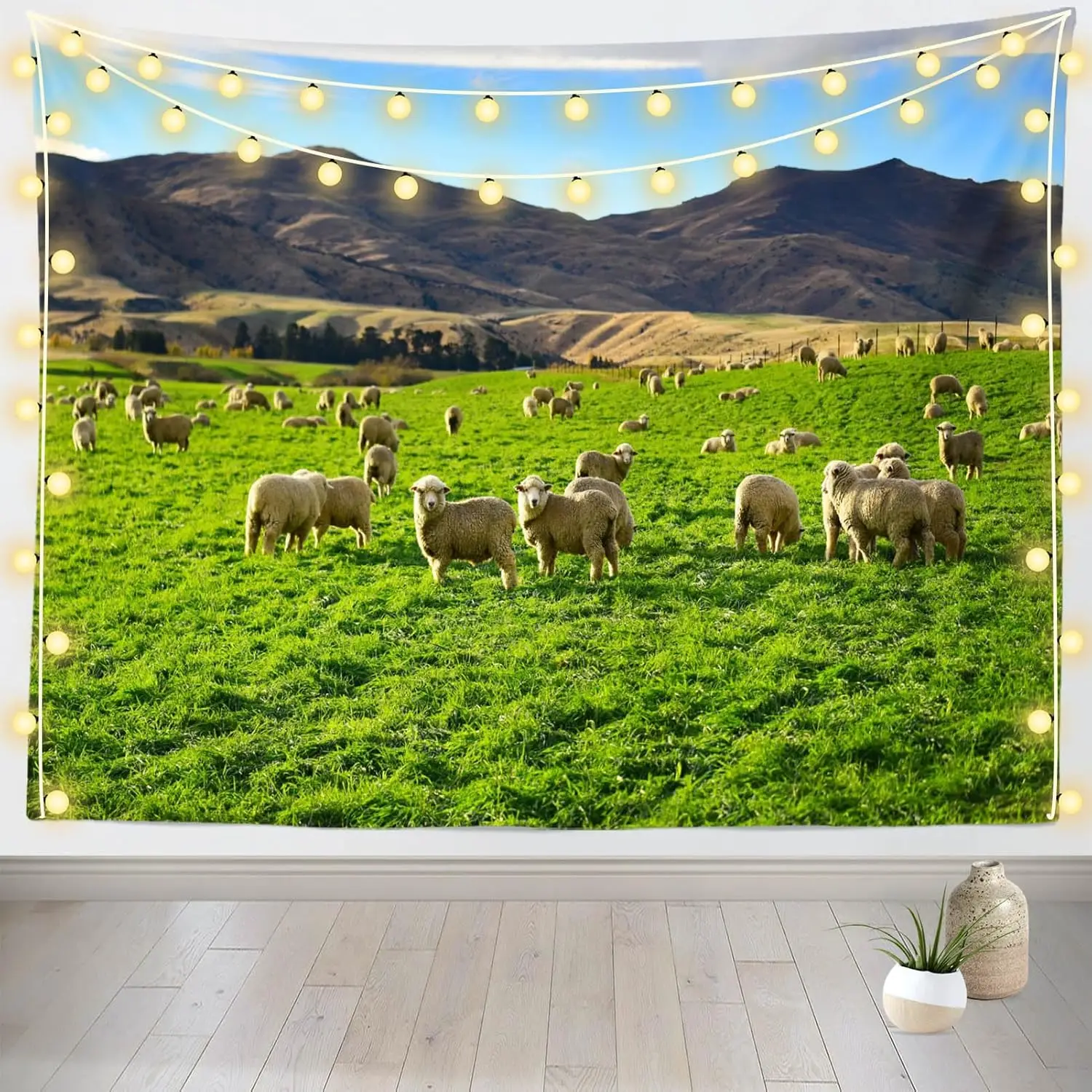 Rural Pasture Landscape Tapestry Green Mountains Field Herd of Sheep New Zealand Countryside Scenery Wall Hanging Decor