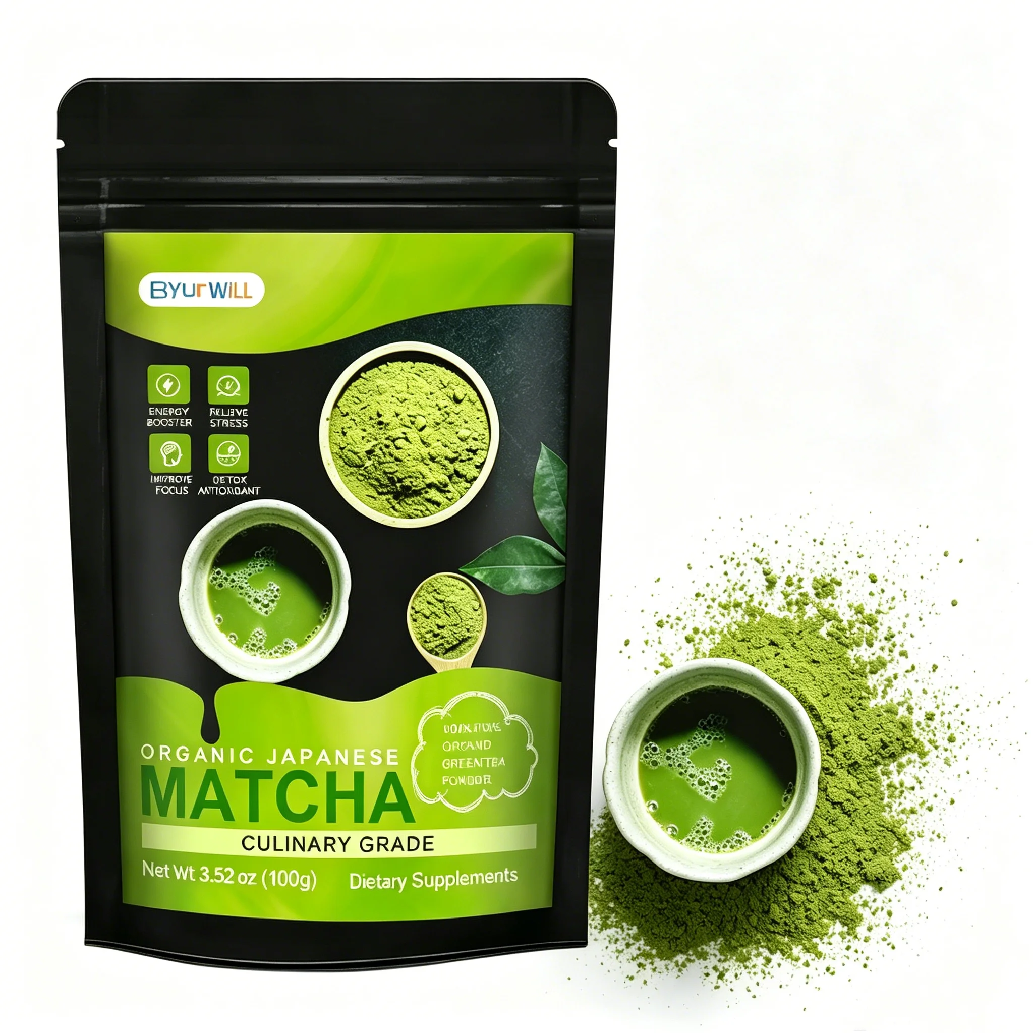 Organic Japan Matcha Powder Pure Ground Green Tea Energy Booster Antioxidant, Improve Mental Clarity, Dietary Supplement
