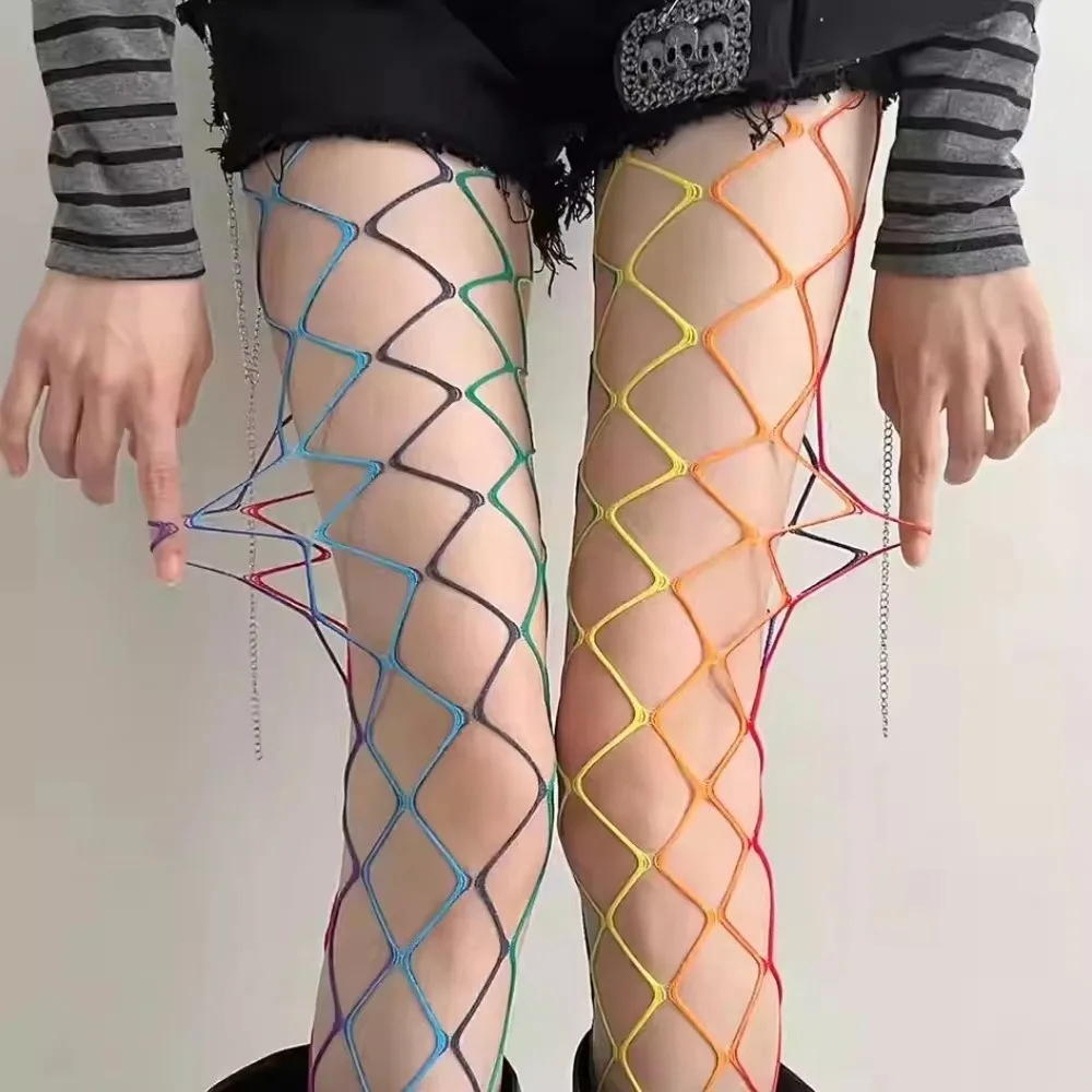 Cool Y2K Rainbow Fishnet Stockings Dopamine Colorful See-through Tights Hot Girl Style Stretch Hollowed Out Pantyhose Dance