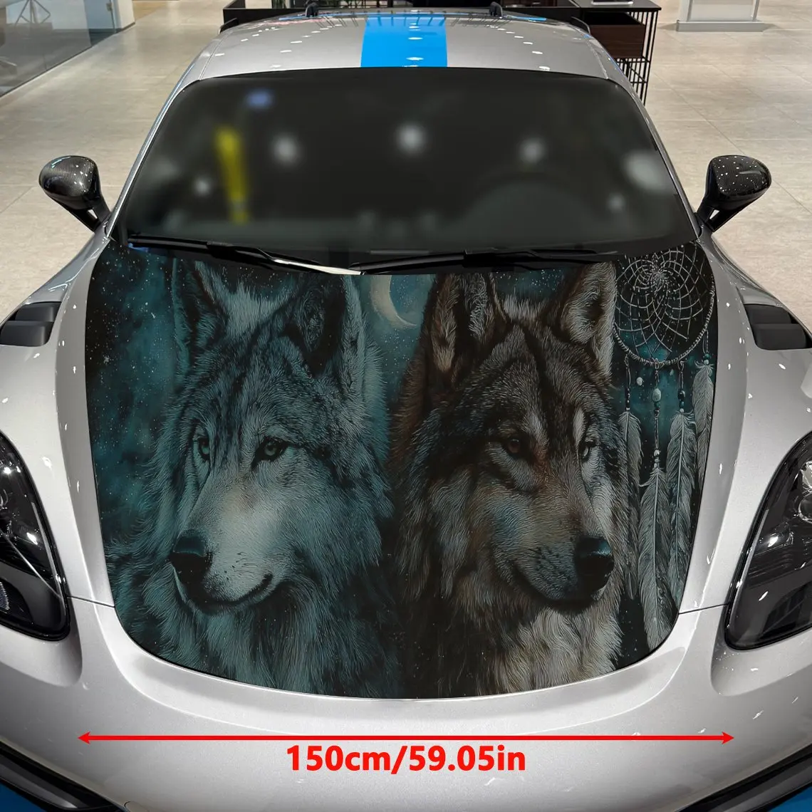 Wolf Dreamcatcher Car Hood Decal, Native American Themed Car Hood Art with Snowy Forest, Auto Cover Sticker, Waterproof and Self