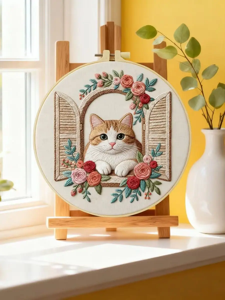 1 Stück 20X20CM/15X15CM 7,87/6,3 Zoll Katzen-Stickerei-Starter-Kit DIY-Kit DIY-Stickerei-Set Handarbeiten Nähkunst Heimdekoration – Detail 6