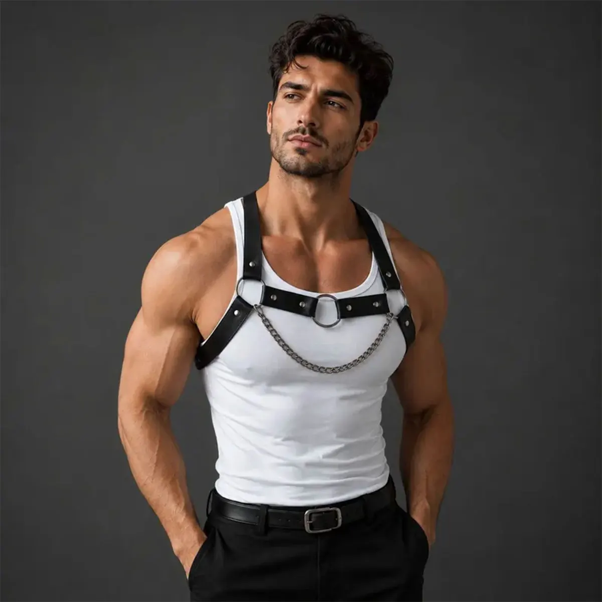 Fashinable Men's Belt PU Leather Harness Strap with Chest Chain Shoulder Belt Metal Ring Y2k Goth Punk Clothing Accessories