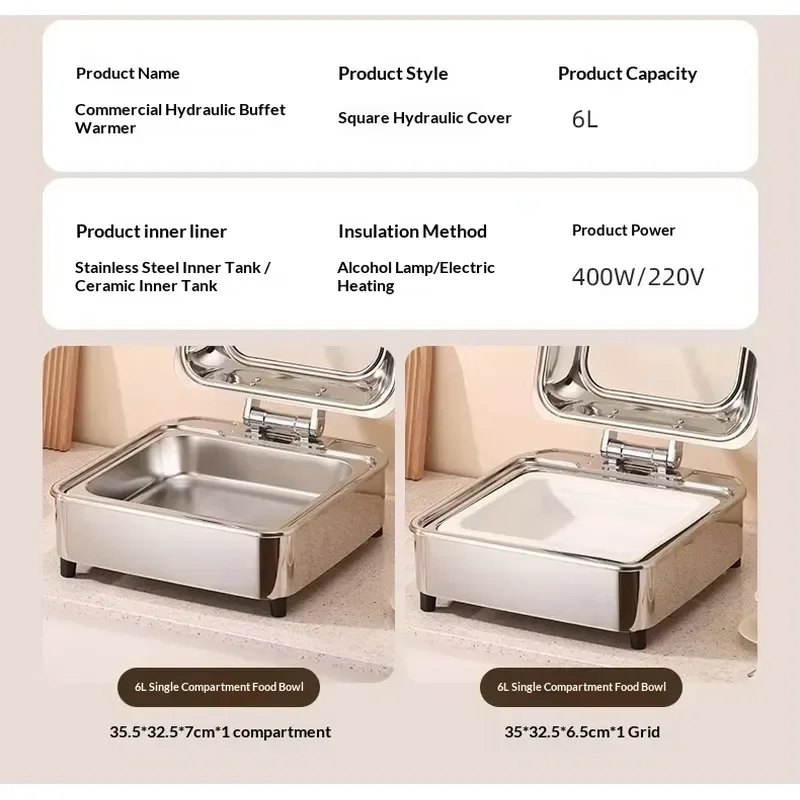 Stainless Steel Hydraulic Buffet Warmer with Glass Cover for Hotel Restaurant Wedding Hot Pot Food Display Heating Equipment