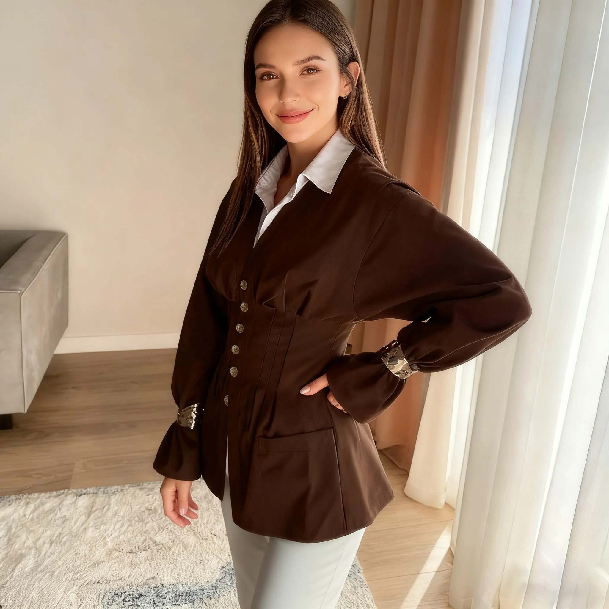 بلوزة خريف 2026 جديدة أنيقة مدببة الخصر على شكل حرف v للنساء للتنقل بأكمام طويلة متينة ملابس مرقعة قمصان نسائية