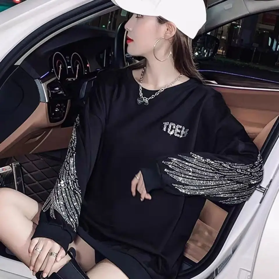 Tshirt Loose Rhinestone Glitter Black 2024 Woman T-shirt Grunge Clothing Top for Women Sequin Y2k Japanese Streetwear Emo O Tee