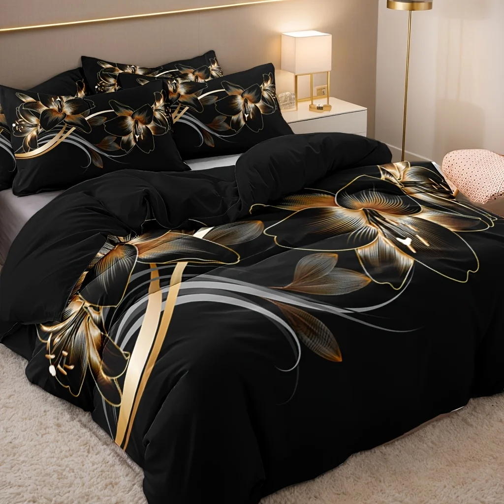 

Luxurious Duvet Cover Set Modern Black Golden Floral Print Soft Breathable Bedding Includes 1 Duvet Cover and 2 Pillowcases