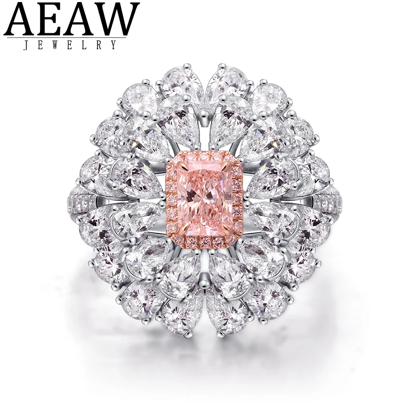 AEAW 14k White Gold 0.5CT Main Stone 4.9ctw Side Stone Fancy Pink Radiant Cut CVD HPHT Lab Grown Diamond Engagement Ring NGIC