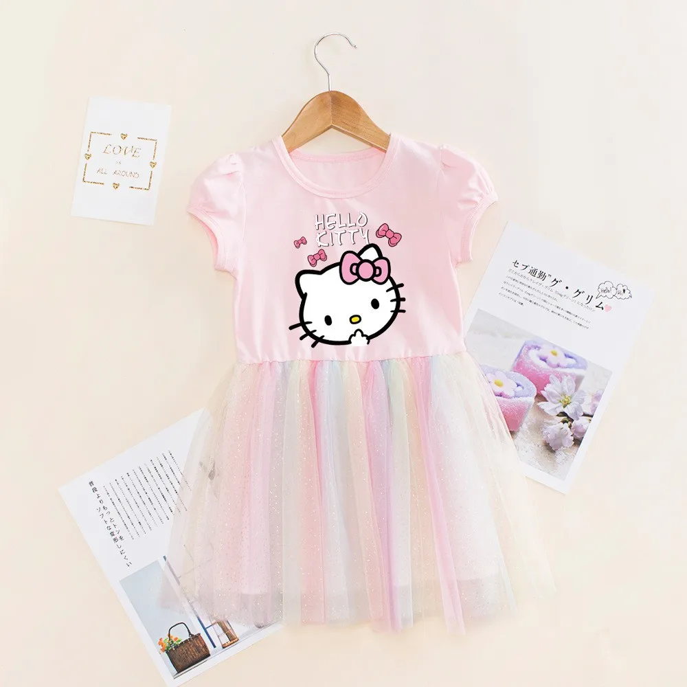 Summer Baby Girls Dress Cute Kid Sanrio Hello Kitty Rainbow Mesh Princess Party Costume Vestidos Children Short-Sleeved Clothing