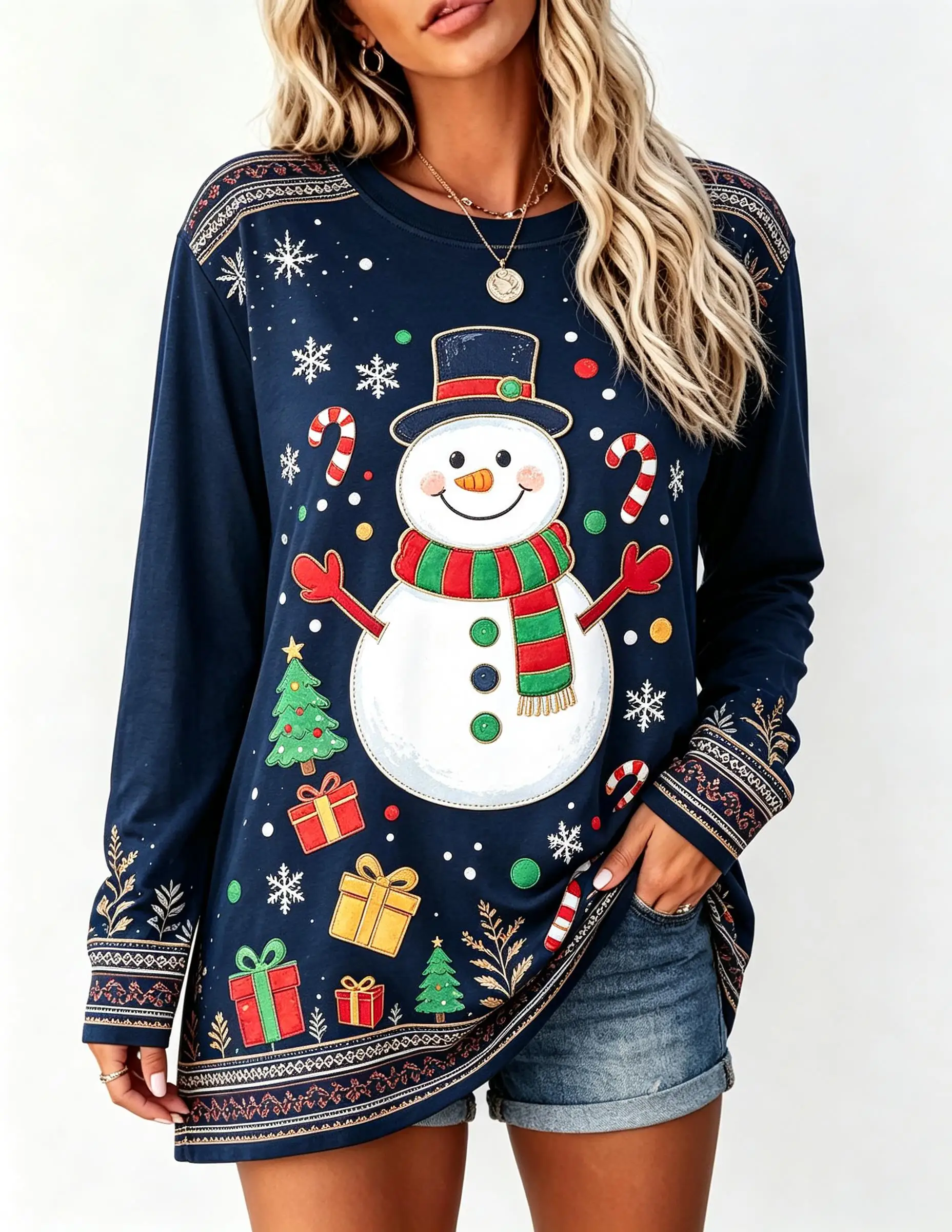 Women Long Sleeve T‑Shirt Christmas Snow Cabin House Pine Tree Snowflake Ethnic Print Crew Neck Casual Tops
