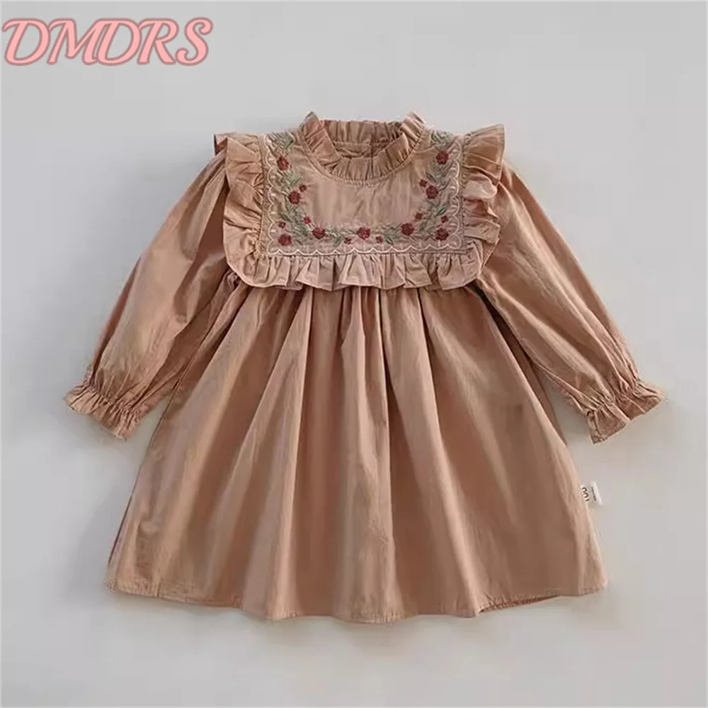 Casual Ruffled Collar Autumn Winter New Girl's Solid Color Dress Simple Cotton Embroidery Skirt Casual Long Sleeve Dress