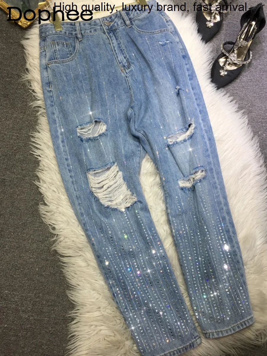 

Embroidery Hot Heavy Drilling Blue Jeans Women High Waist Slimming Ripped Cropped Denim Pants 2023 New Autumn Pantalones Mujer