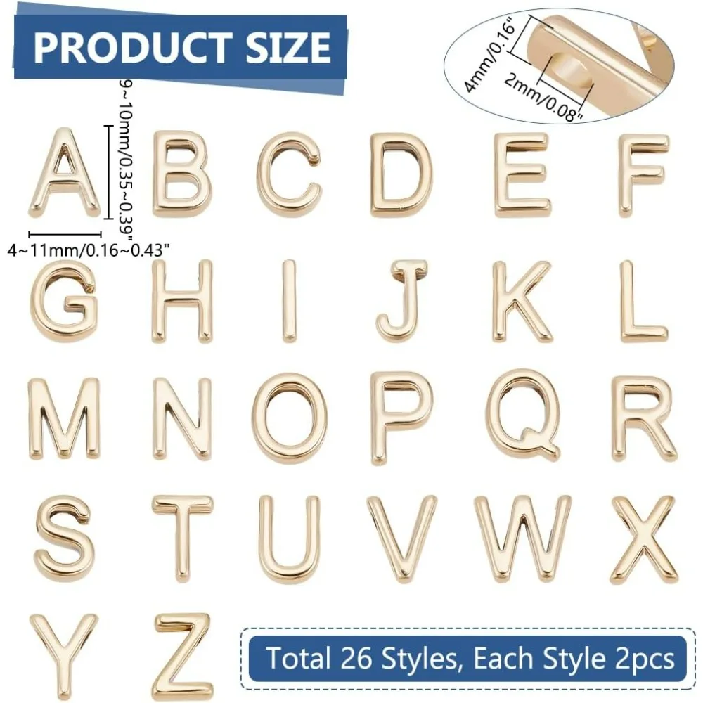 52Pcs Gold Letter Beads, Alloy Alphabet ABC Charms Metal A-Z Alphabet Letter Charms Capital Alphabetic Pendants for Valentine