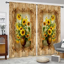 Oil Paintting Vintage Sunflower Flower Window Curtain Blinds For Living Room Kid's Bedroom Bathroom Kicthen Door Home Decor2Pcs