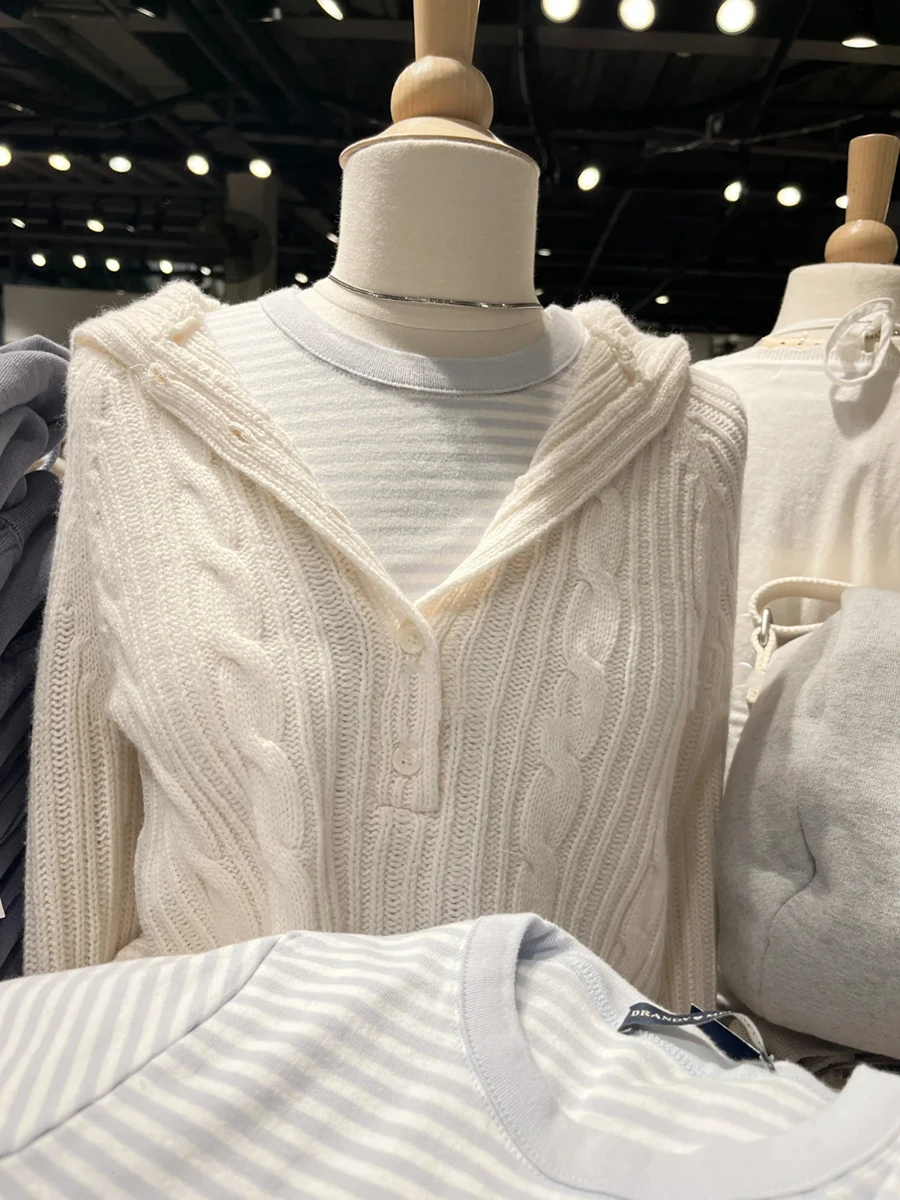Twisted Knitted Hooded Sweater Women Buttons Long Sleeve Pocket Solid Jumper Spring Autumn Simple Preppy Style Sweaters 2025 New