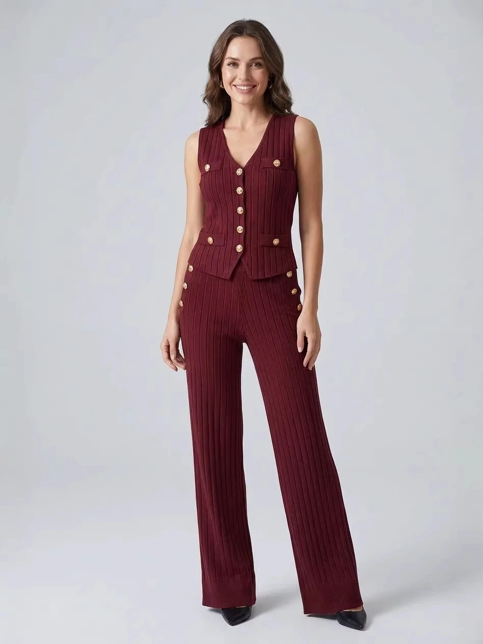 

Casual Knitted V-neck Vest And Pants Set Women's Fashion Spring Collection Regular Thickness Single Button Closure Pure Color