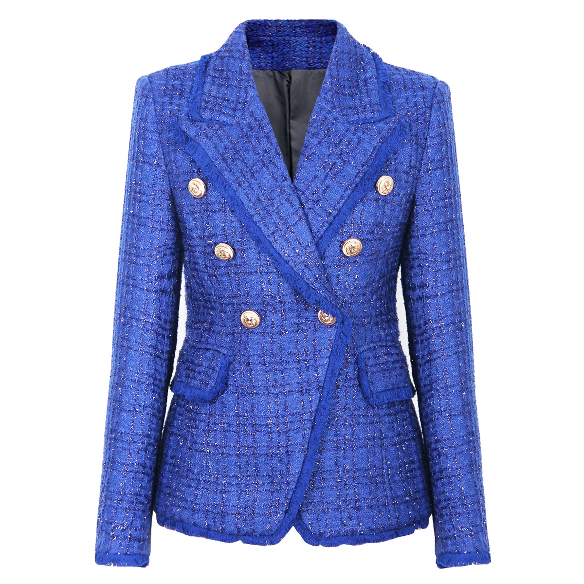 

S-3XL High Quality Jacquard Gold Silk Fabric Fashion Tassel Edge Double breasted Slim Fit Texture Temperament Women's Suit Coat