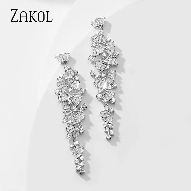 ZAKOL Luxury Gorgeous AAA Zirconia Crystal Sector Long Dangle Drop Earrings for Women Bridal Wedding Jewelry Gift