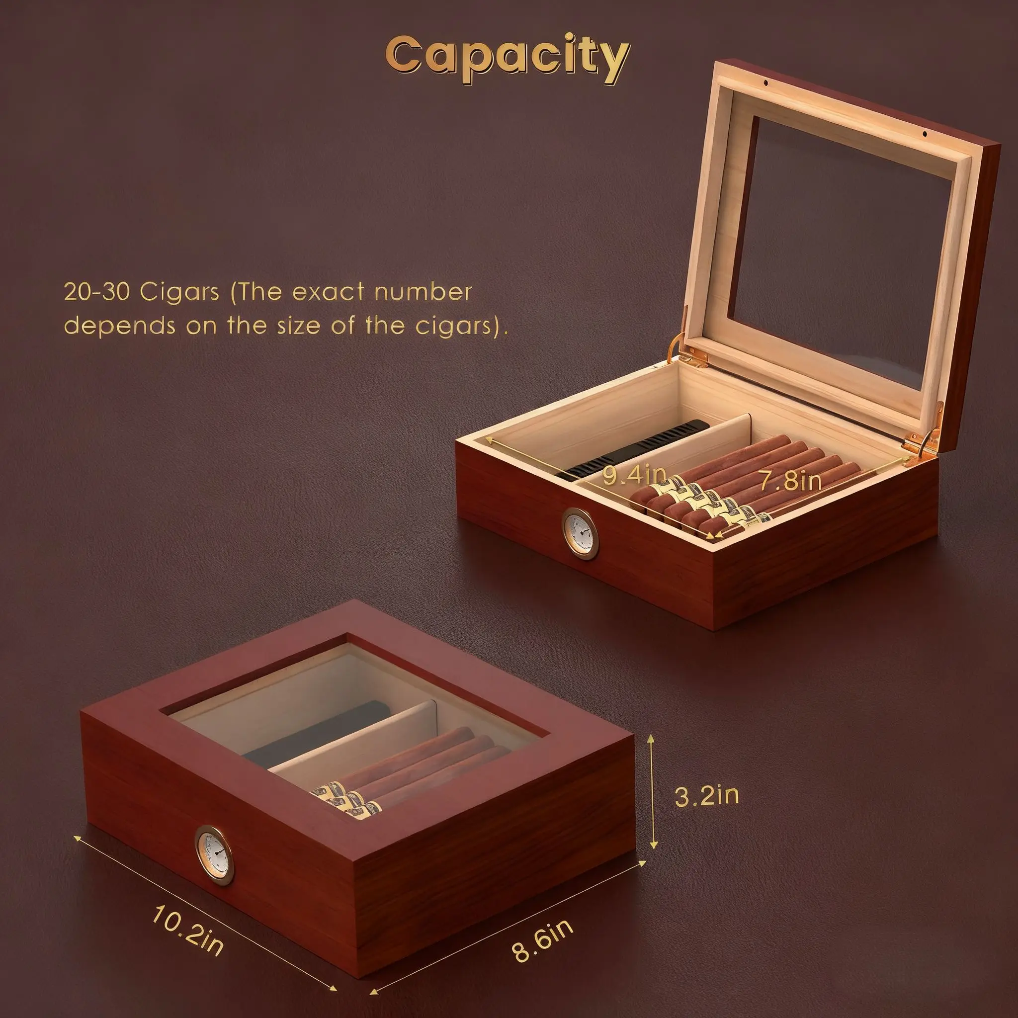 سيجار مرطب من الخشب الصلب مع سطح زجاجي، صندوق تخزين بسعة 30 سيجار مع مرطب رطوبة لديكور المنزل #2