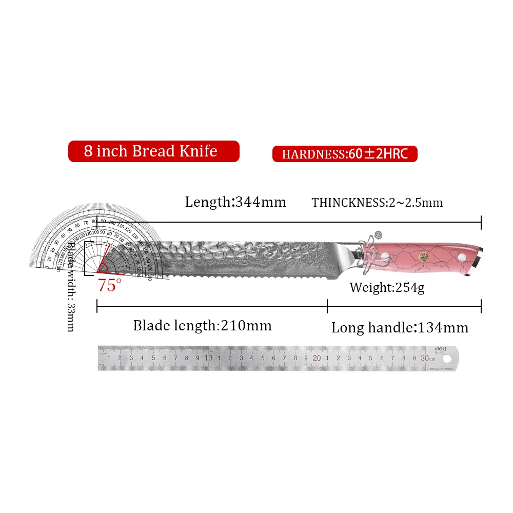 YAN Professional Japanese 8 Inch Damascus Steel Chef Kitchen Knife 67 Layers AUS-10 Bread Knife Pink Turquoise Resin Handle