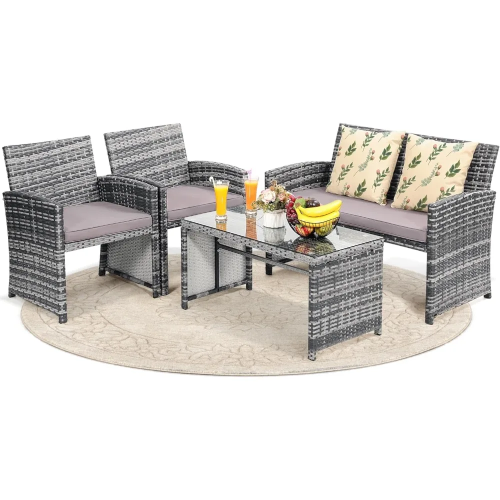 

4 Pieces Rattan Patio Furniture Set,Outside Sectional Conversation Cushioned Sofa Set, Wicker Sofa,Rattan with Light Cushion