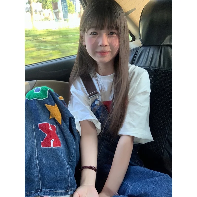 

Американский High Street хип-хоп Star Stru широкие джинсовые комбинезоны женские летние свободные дизайнерские прямые джинсы маленького роста