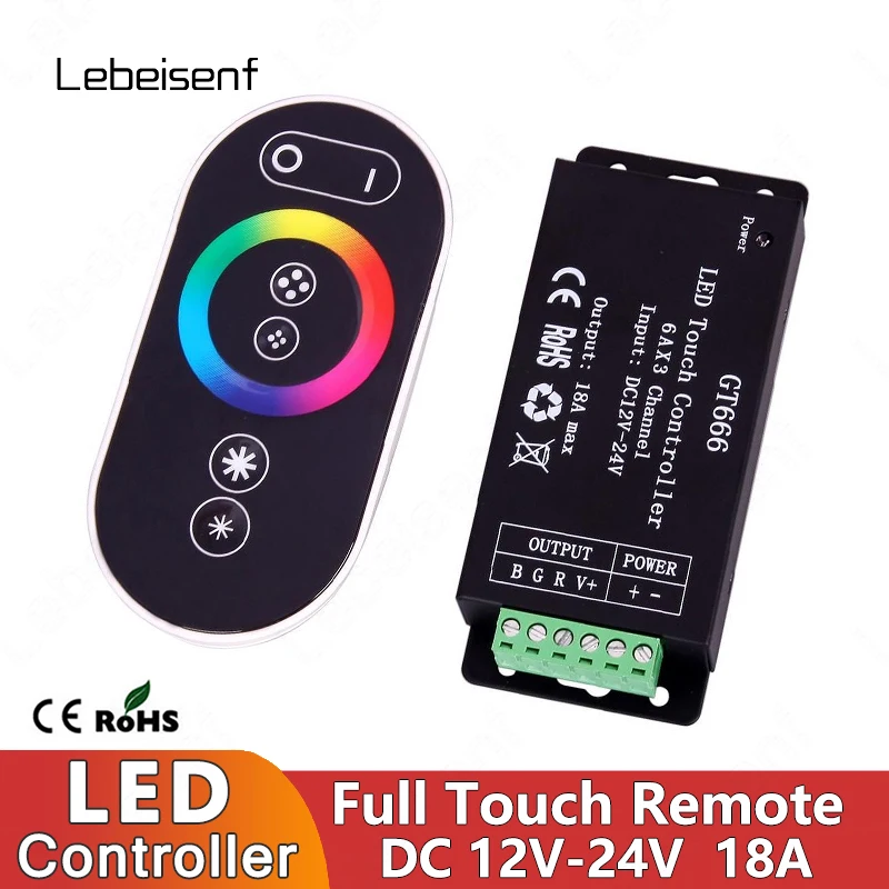 3CH RGB Controller DC 12V 24V 18A High Power LED Dimmer with Touch 6 Key &Color Ring RF Wireless Remote for Strip Light Fixtures