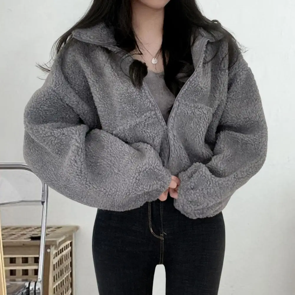 

Women Short Lamb Wool Jacket 2025 Autumn Winter Thicken Warm Plush Coat Female Fashion Zipper Stand Collar Outerwear