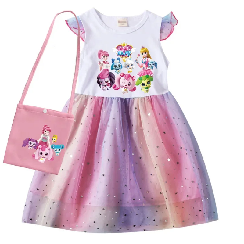 Korean cartoon baby girl dresses kids T-tiny clothes cosplay costume children fly sleeve casual princess dress bag summer