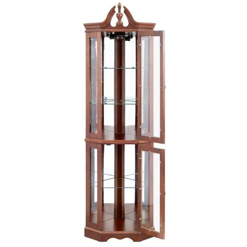 Walnut Corner Antique Cabinet with Light, Adjustable Tempered Glass Shelf, Mirror Back, Display Cabinet