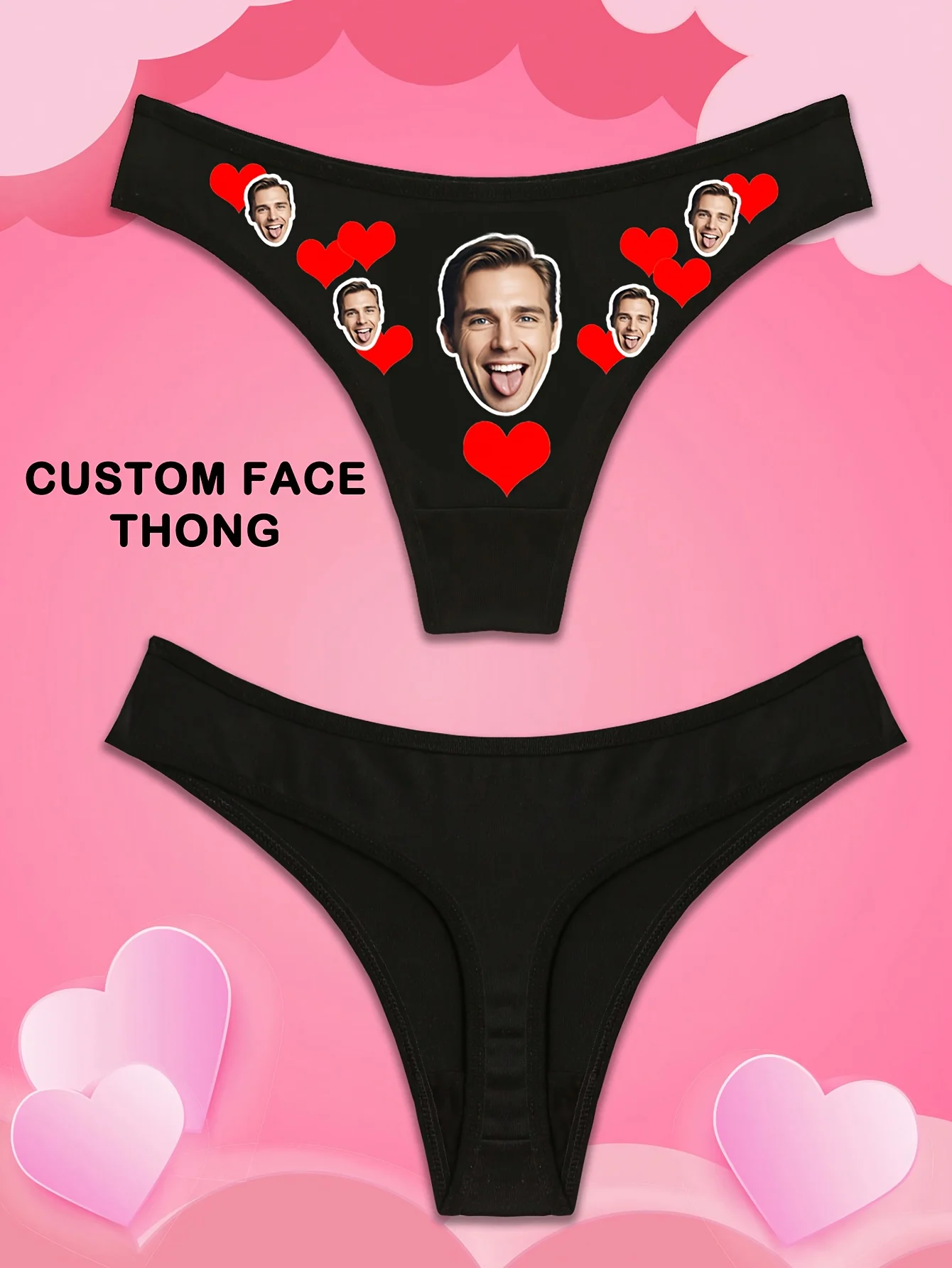 Custom 1pc Valentine's Day Boyfriend/Husband Portrait Custom Heart & Red Lip Print Women's Sexy Thong, Love Holiday