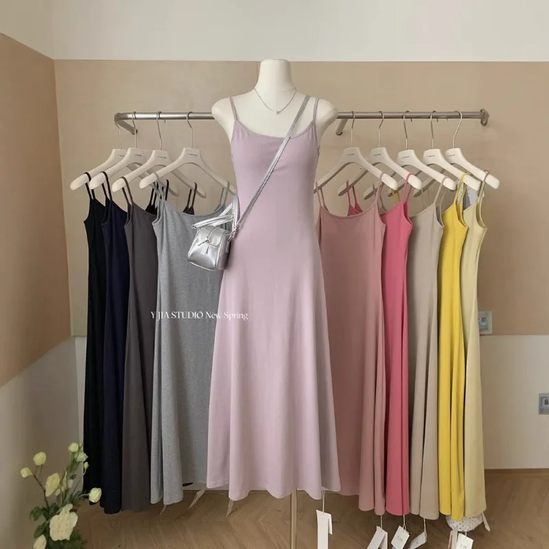

French Style Sexy Pure Desire Hot Girl Belted Strap Dress Women Summer Slimming Long A- Line Dress Elegance Sleeveless Gown