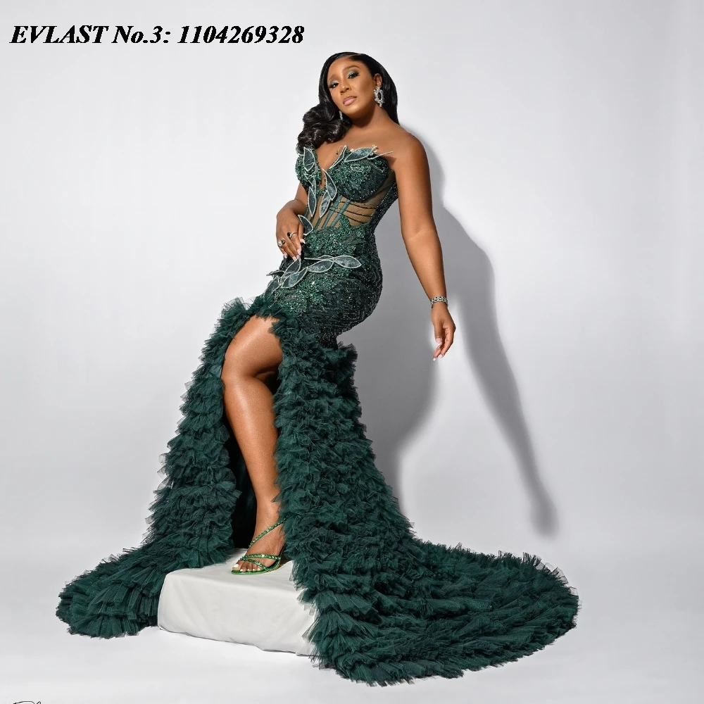 EVLAST personnalisé vert foncé volants robe De bal haute fente cristal perlé robe De soirée noir filles sirène robes De Festa E3P113