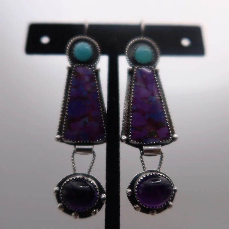 Vintage Geometric Resin Purple Stone Earrings Handmade Jewelry Tribal Silver Color Drop Dangle Earrings for Women Jewelry