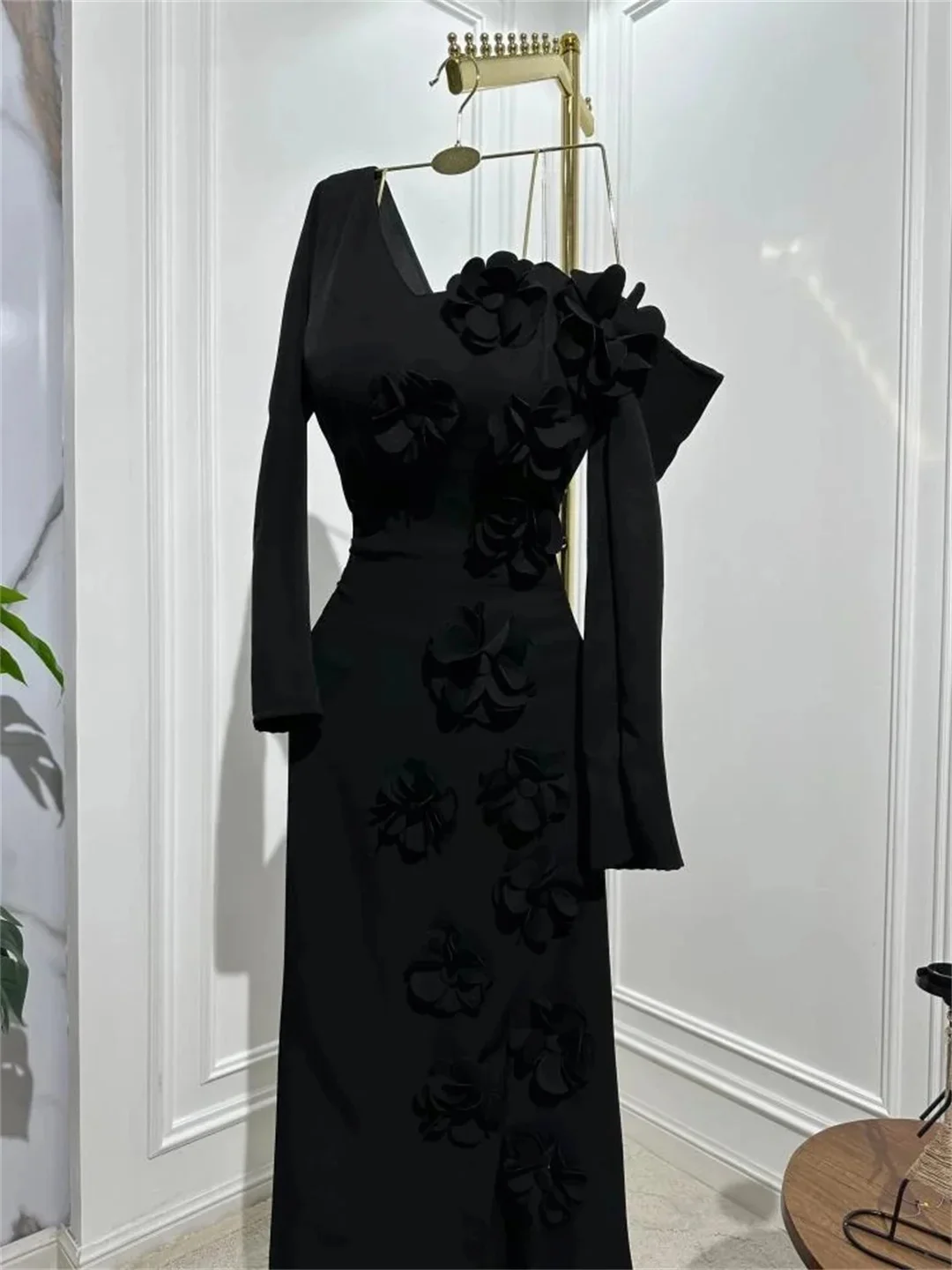 DY Custom Made Black Side Slit Long Sleeves Robe Open Back Floor Length One Shoulder Wedding Evening Dress فستان سهرة