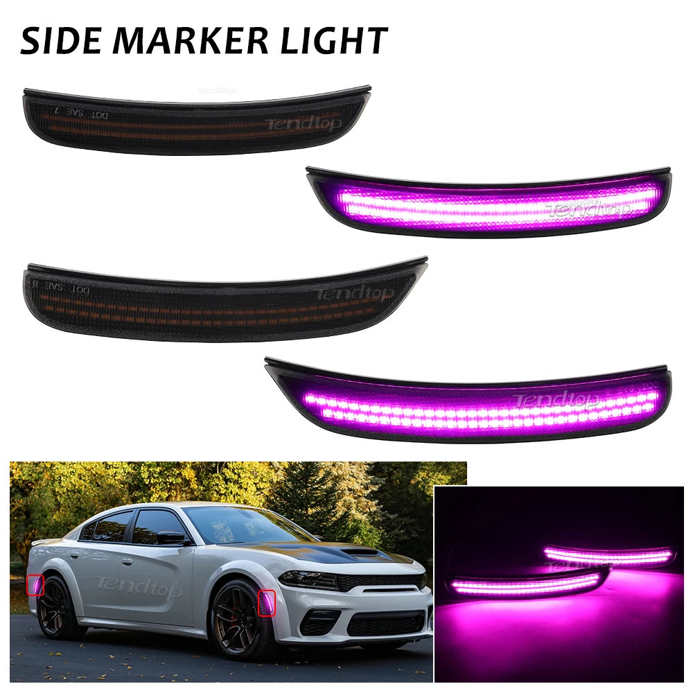 4PCS Smoked Lens Pink Purple LED Side Marker Light For Dodge Charger 2015-2023 LED Car Front Rear Bumper Day Running Lamp