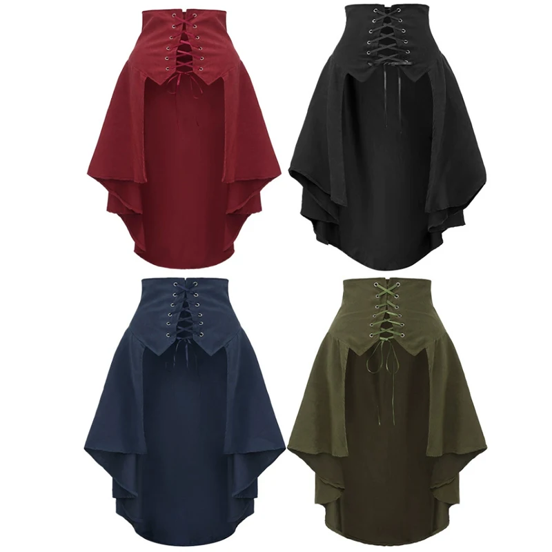Damen Gothic Steampunk Satin-Piratenrock mit Vorderschnürung, Mehrlagiger Rüschenrock mit Unregelmäßigem Saum und Taillengürtel, Vintage Mittelalter-Kostüm