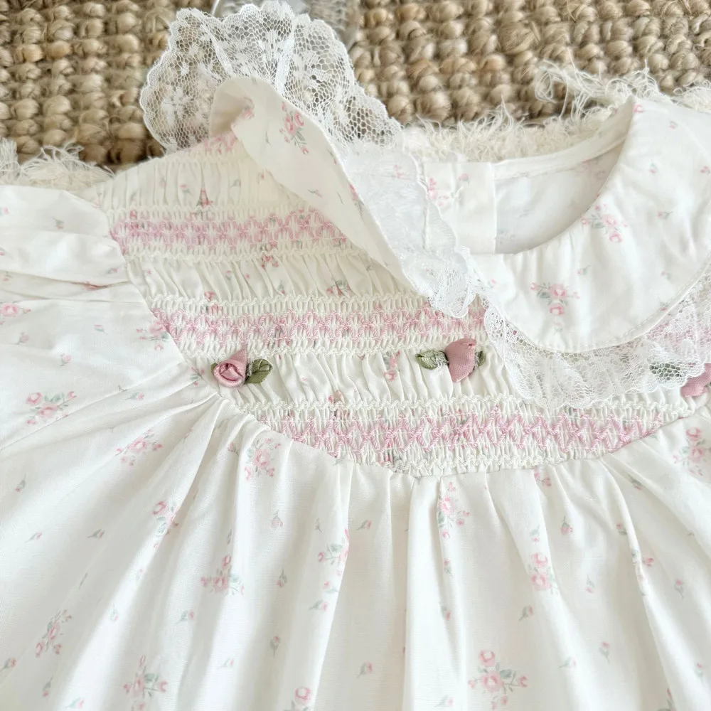

summer dress girls dresses French retro printed pattern embroidered dress Doll collar lace decorative dress