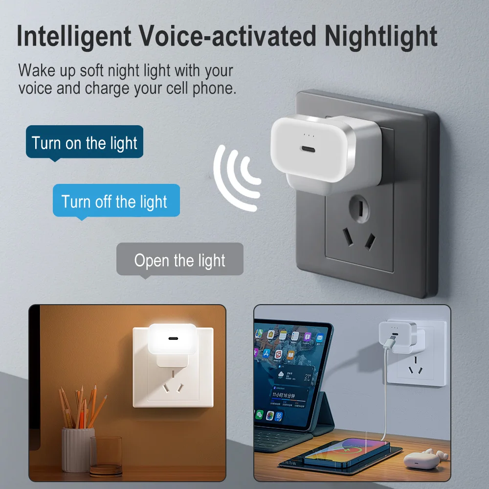 BORUIT Luz nocturna inteligente USB-C Plug in Luz nocturna Control de voz Selección de brillo Mesita de noche Dormitorio