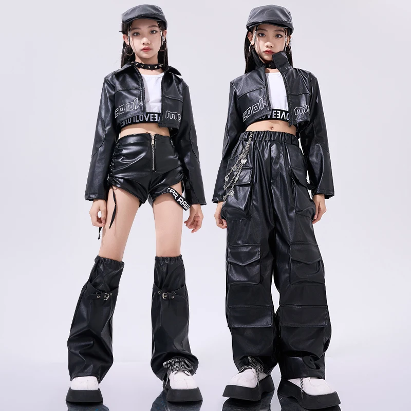 Cool Girls Hip Hop Dance Costume Black Leather Short Jacket Pants Kids Modern Jazz Performance Clothes Stage Outfit Rave BL13719