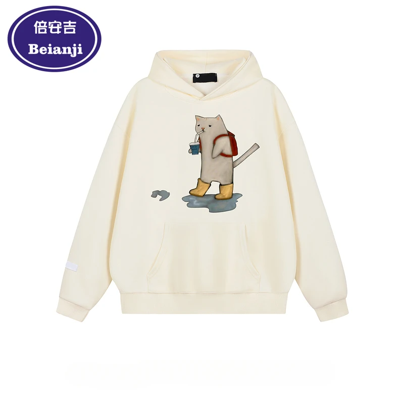 Beianji coat funny kitten fun print design men's retro vintage loose conventional autumn hoodie 2024