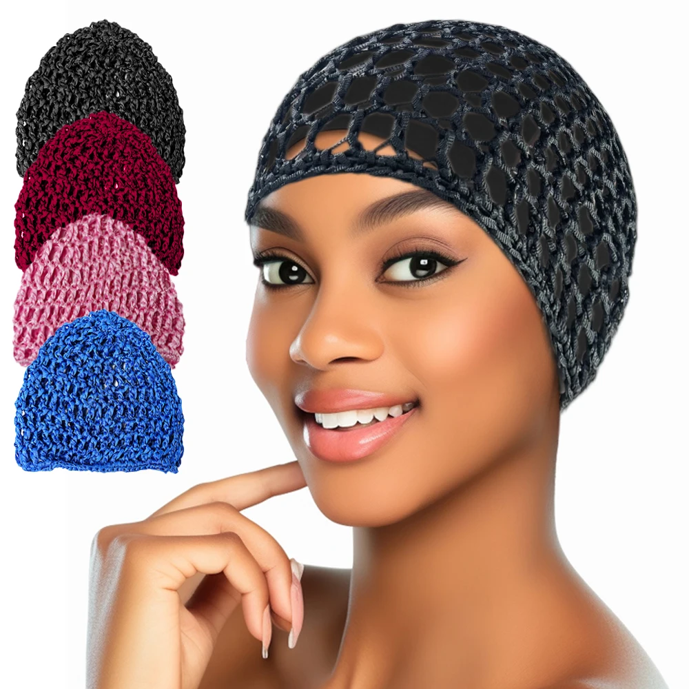 Gorro de malla con malla para el pelo para mujer, gorro de ganchillo hecho a mano, gorros Kufi, redecilla, turbante para dormir por la noche, accesorios para el cabello, 4 piezas