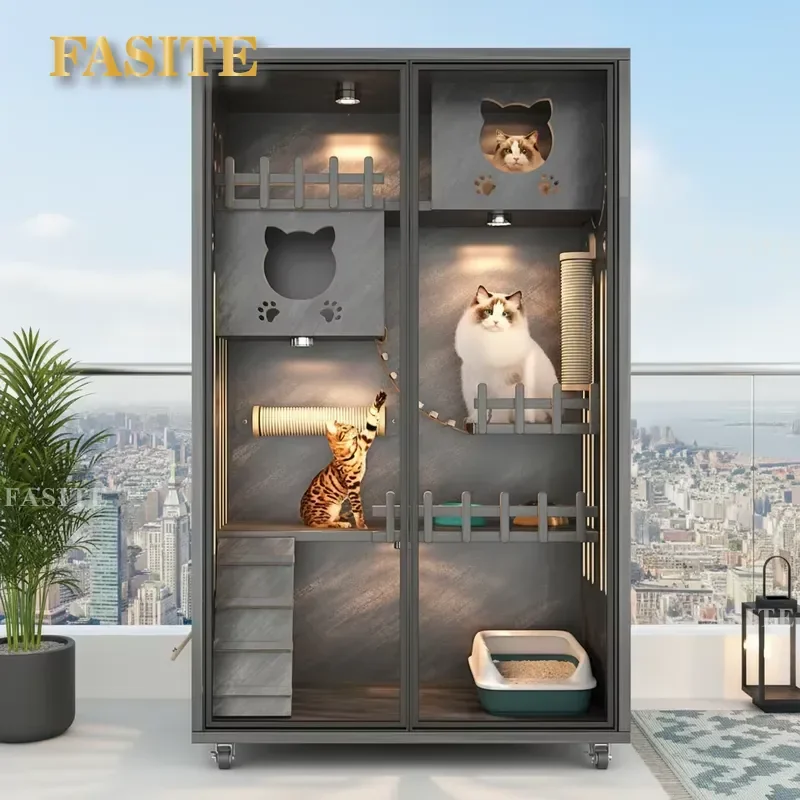 For Cat Modern Wooden Villa Cage Eco-friendly Luxury Tempered Glass Breathable Design Spacious House Suitable for Living Room