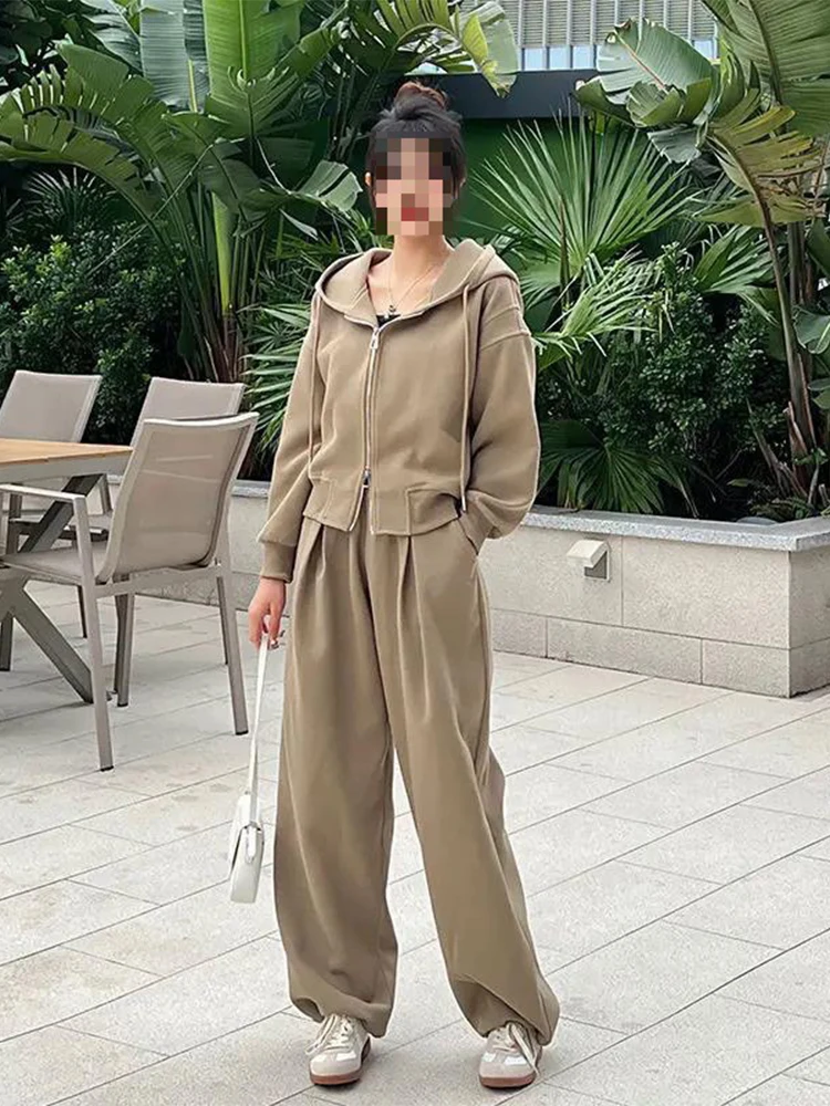 Casual Fall Winter Two Piece Set Korea Hooded Zip Sweatshirt Jackets Coats Tops Tracksuit High Waist Baggy Wide Leg Pants Suit