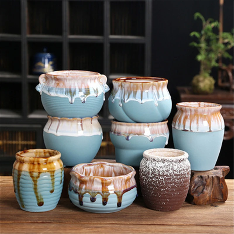 

Pastoral Ins Flow Glaze Hand Painted Succulent Flower Pot Stoneware Desktop Office Handmade Ornaments Home Decoration