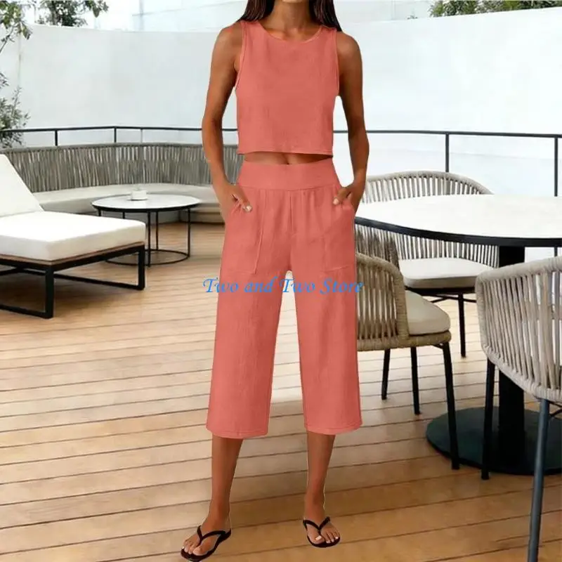 HX6F Women's 2 Piece Outfits Sleeveless Crop Top Wide Leg Pants Jumpsuit Linen Beach Travel Sets