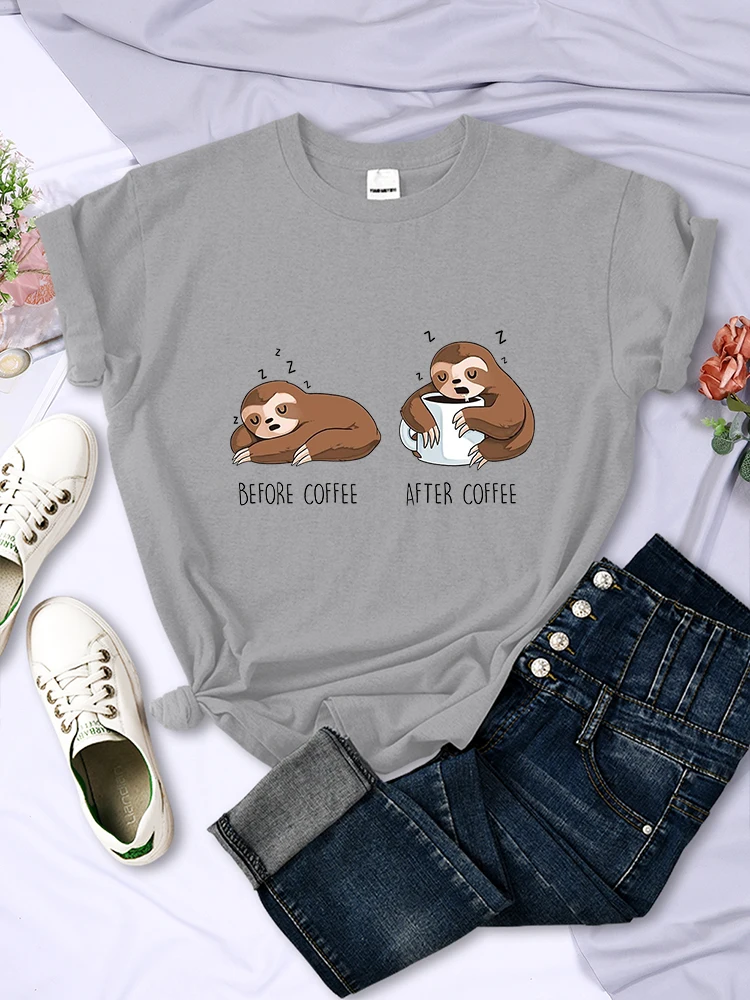 Before Coffee After Coffee Kawaii Sloth T Shirts Female Casual Fashion Short Sleeve Breathable Brand Tee Shirtcool Street Tshirt