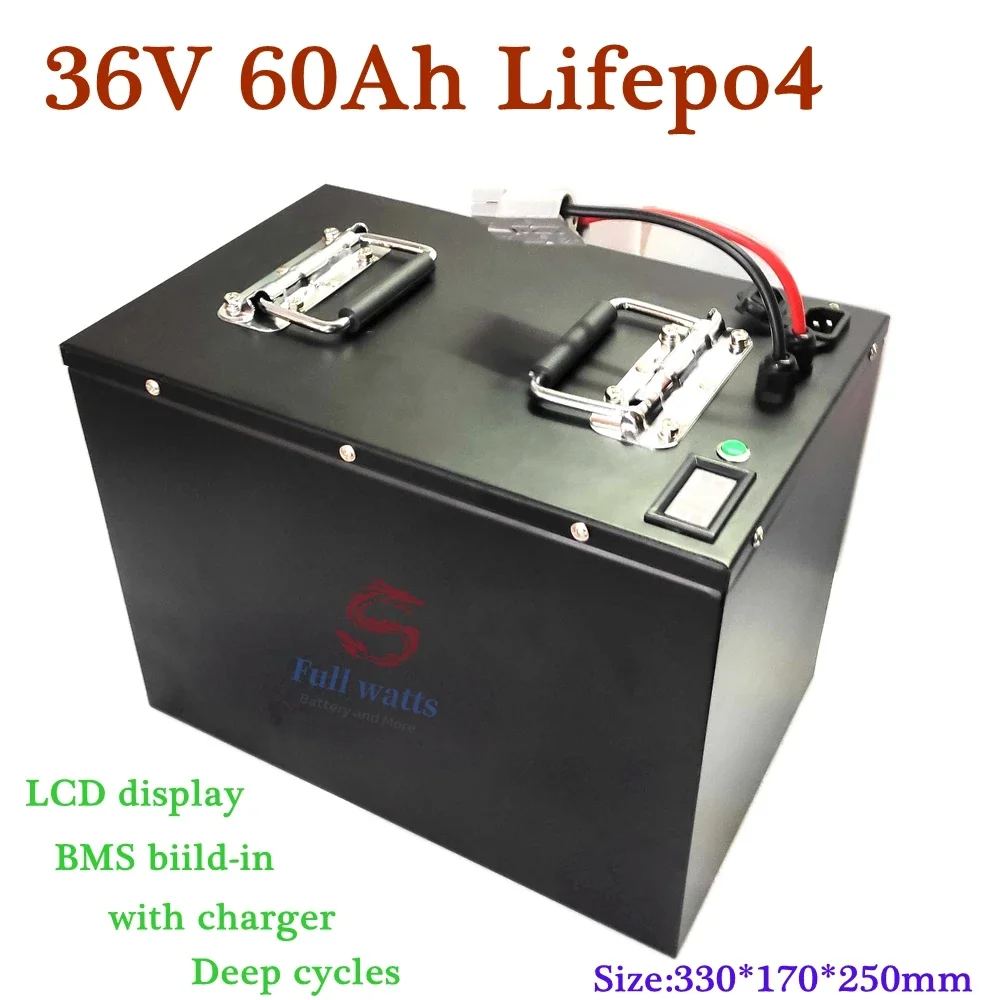 Metal case deep cycle lifepo4 36V 60ah battery with BMS for scooter bike Tricycle Solar backup power golf cart +10A charger