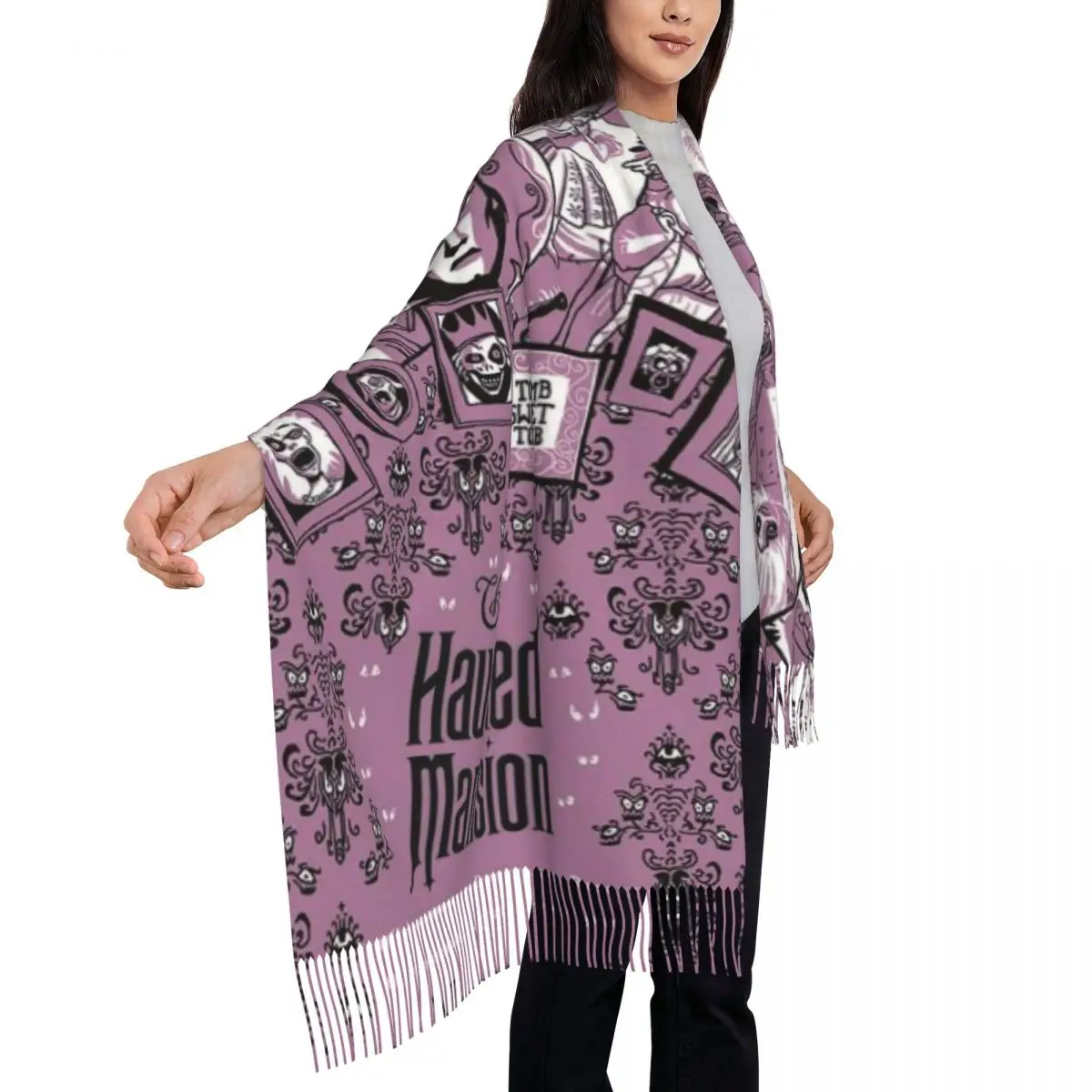 Fashion Haunted Mansion Montage Tassel Scarf Women Winter Fall Warm Shawl Wrap Lady Halloween Horror Film Scarves